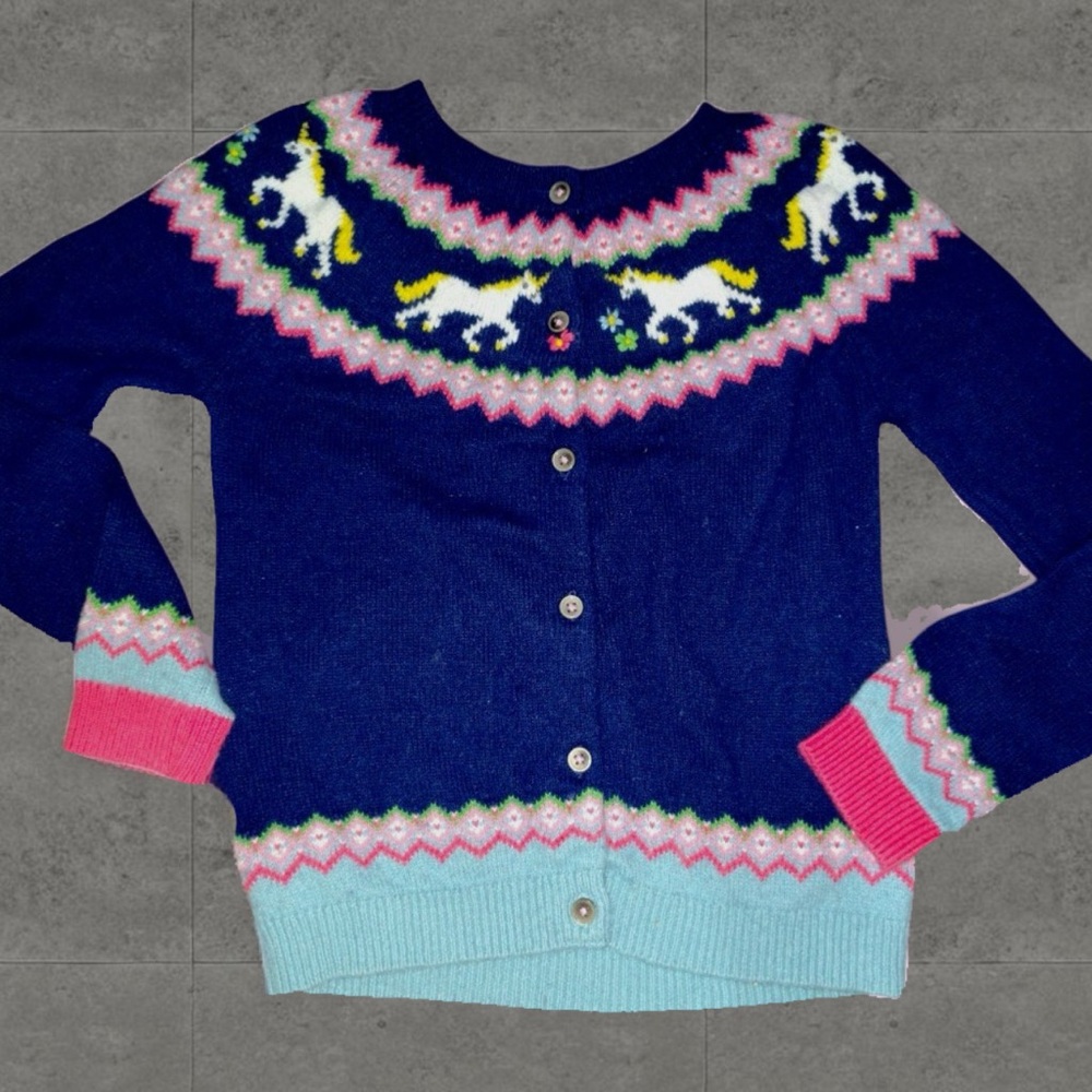 Mini Boden Unicorn Fair Isle Cardigan Sweater Size 11-12